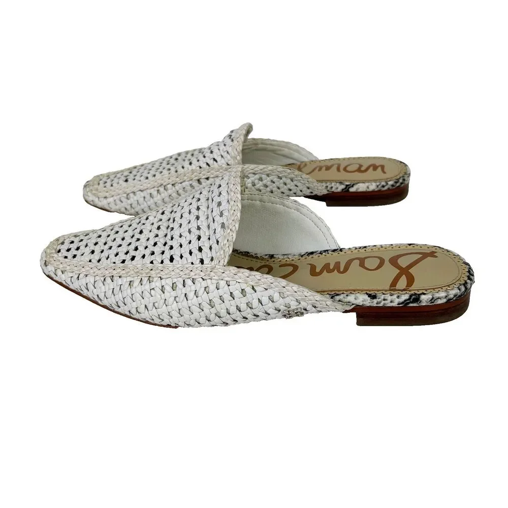 Sam Edelman Elva Mules Slip On Flats Woven Leather Cream Pointed Toe Slides 7